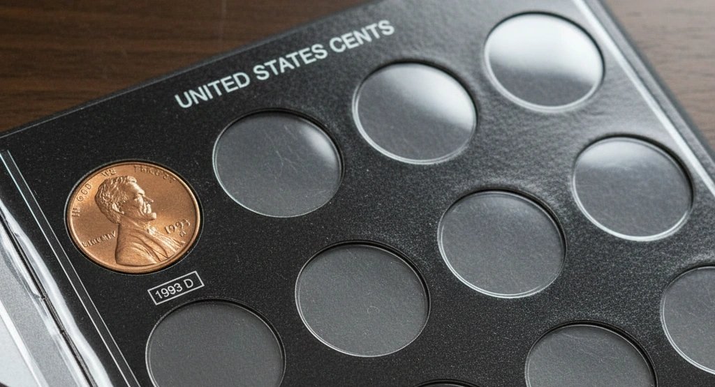 Coin album with a single 1993 D penny slot filled