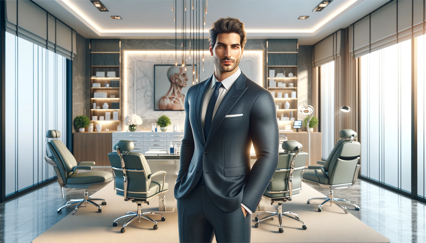 handsome man who is a plastic surgery doctor, standing confidently in his office in Istanbul