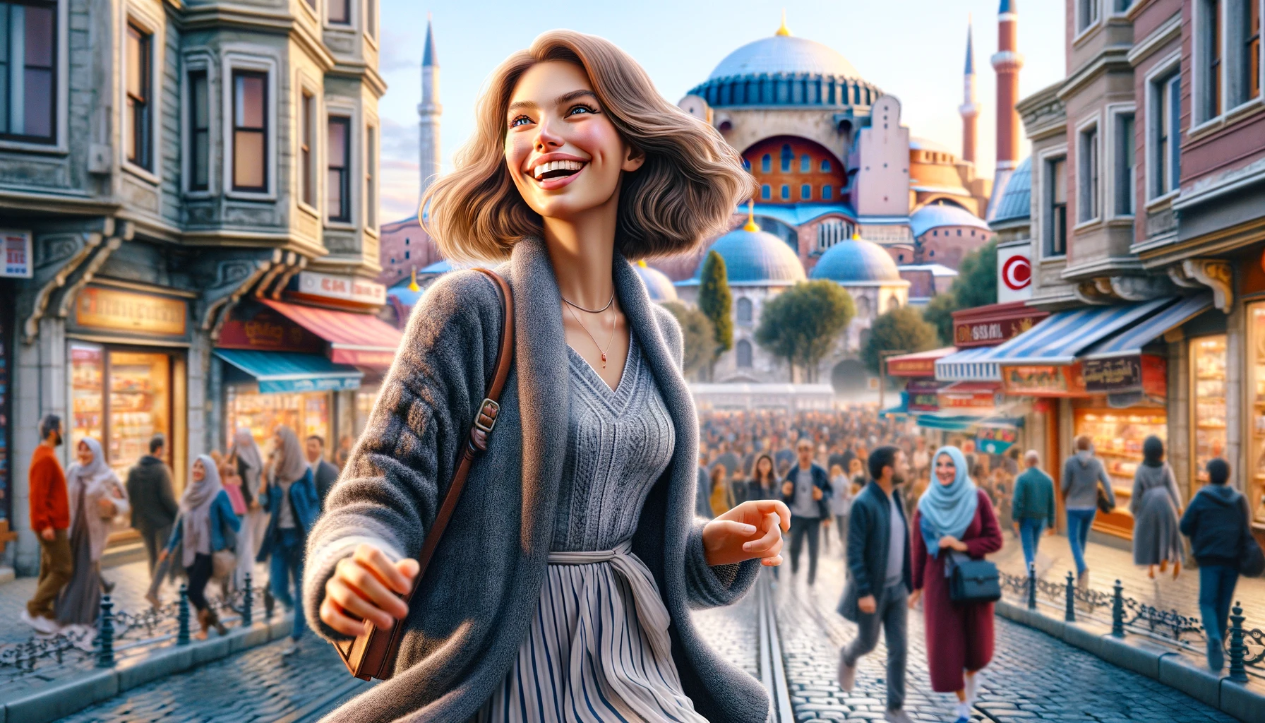 cheerfully female in Istanbul, capturing the essence of the vibrant city life
