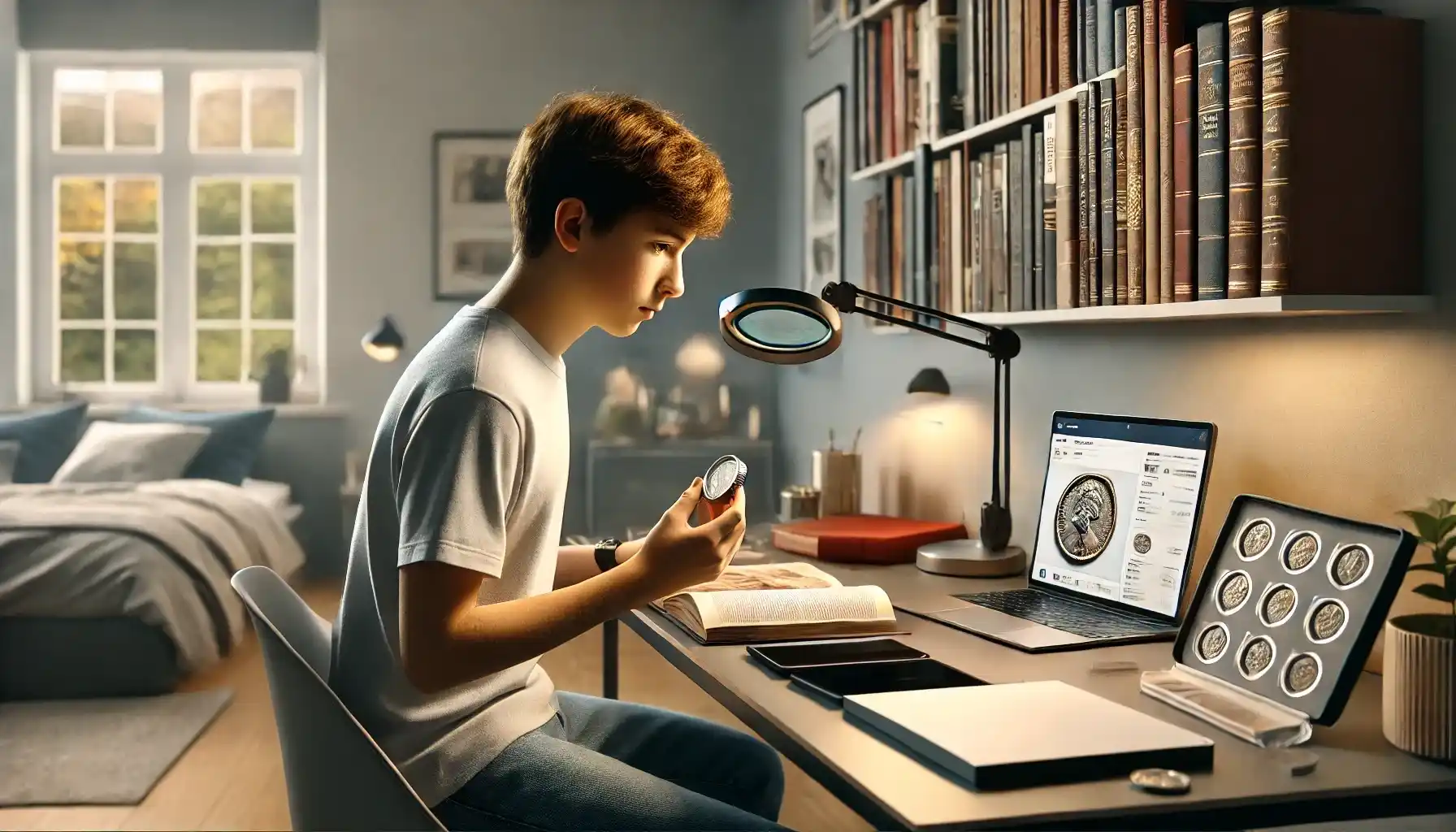A teenager sitting at a sleek, modern desk in their bedroom, examining a coin under a magnifying glass. In front of him lay various means to find information about the coin: books, a smartphone with an identifying app, and an open laptop.