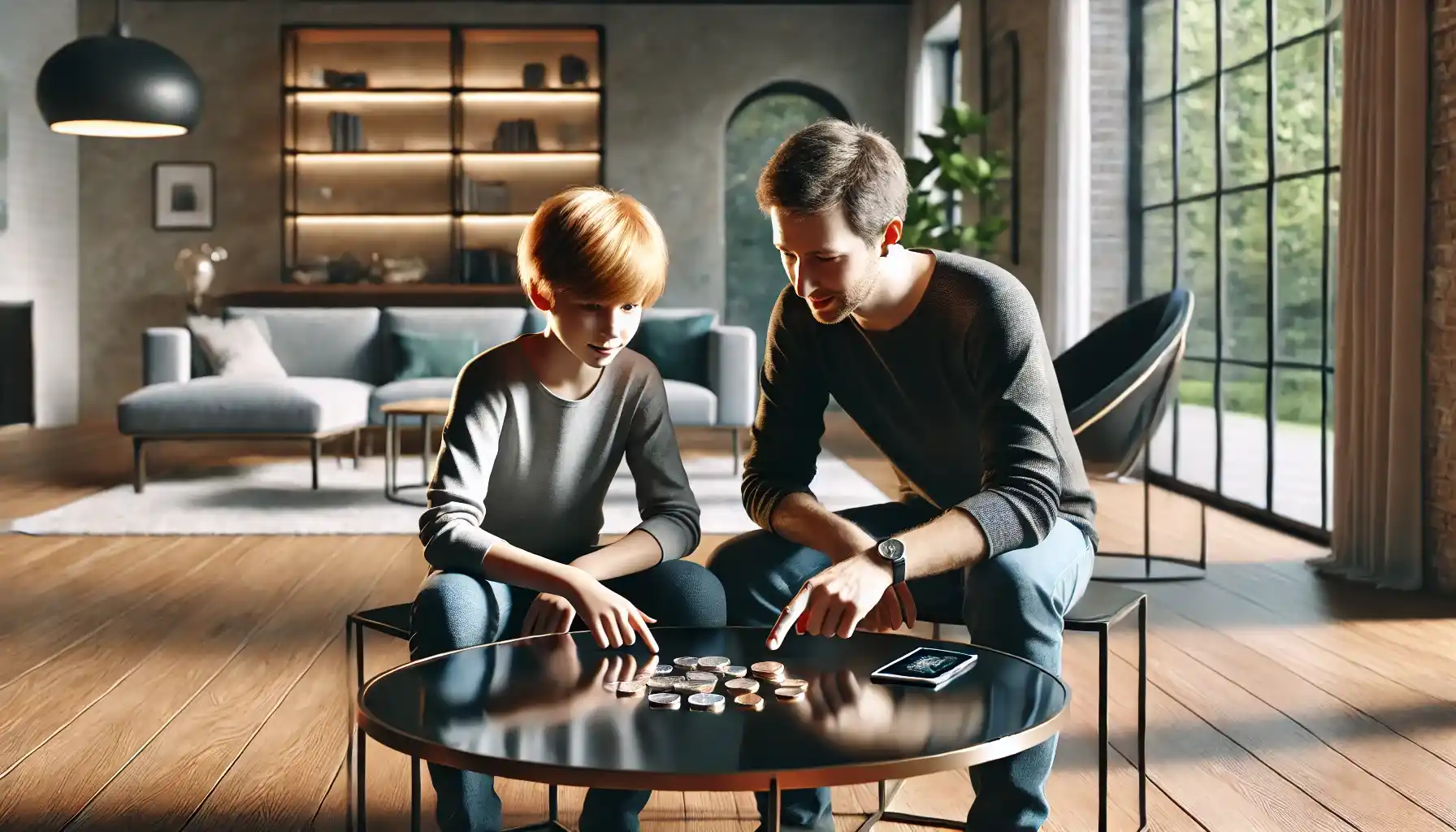 A teenager and his father are sitting at a modern, sleek table, examining a coin to start a collection together.