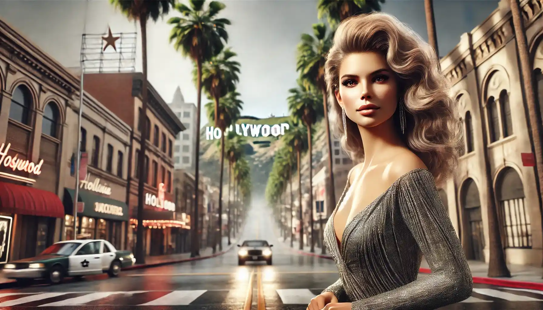a glamorous actress standing confidently on a Los Angeles street, symbolizing resilience and triumph in Hollywood.