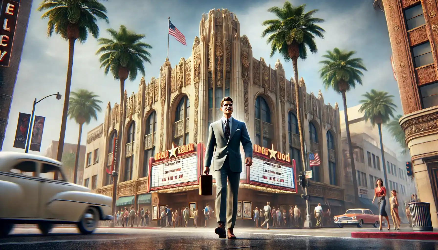 a resilient actor walking confidently near a vintage theater in Los Angeles.