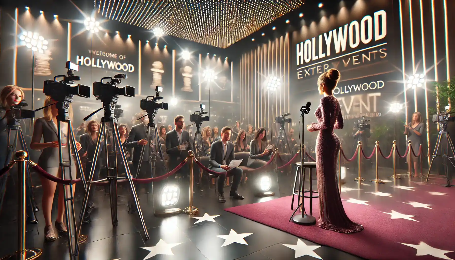 a bustling press event for celebrities. The setting includes flashing cameras, reporters with microphones, and a celebrity giving an interview in an elegant outfit.