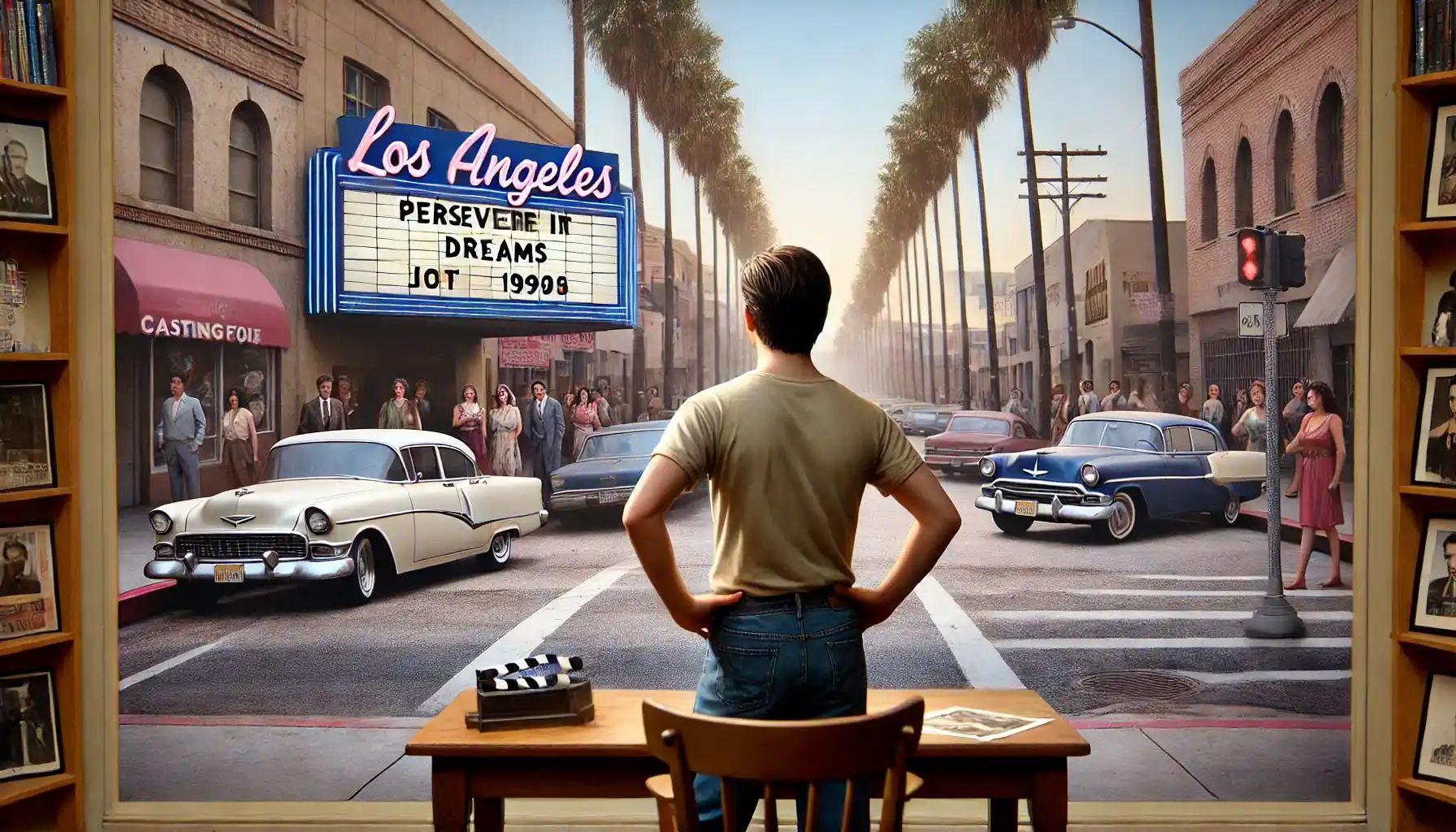 a determined actor in the early stages of their career, standing near a bustling Los Angeles street in the 1990s.