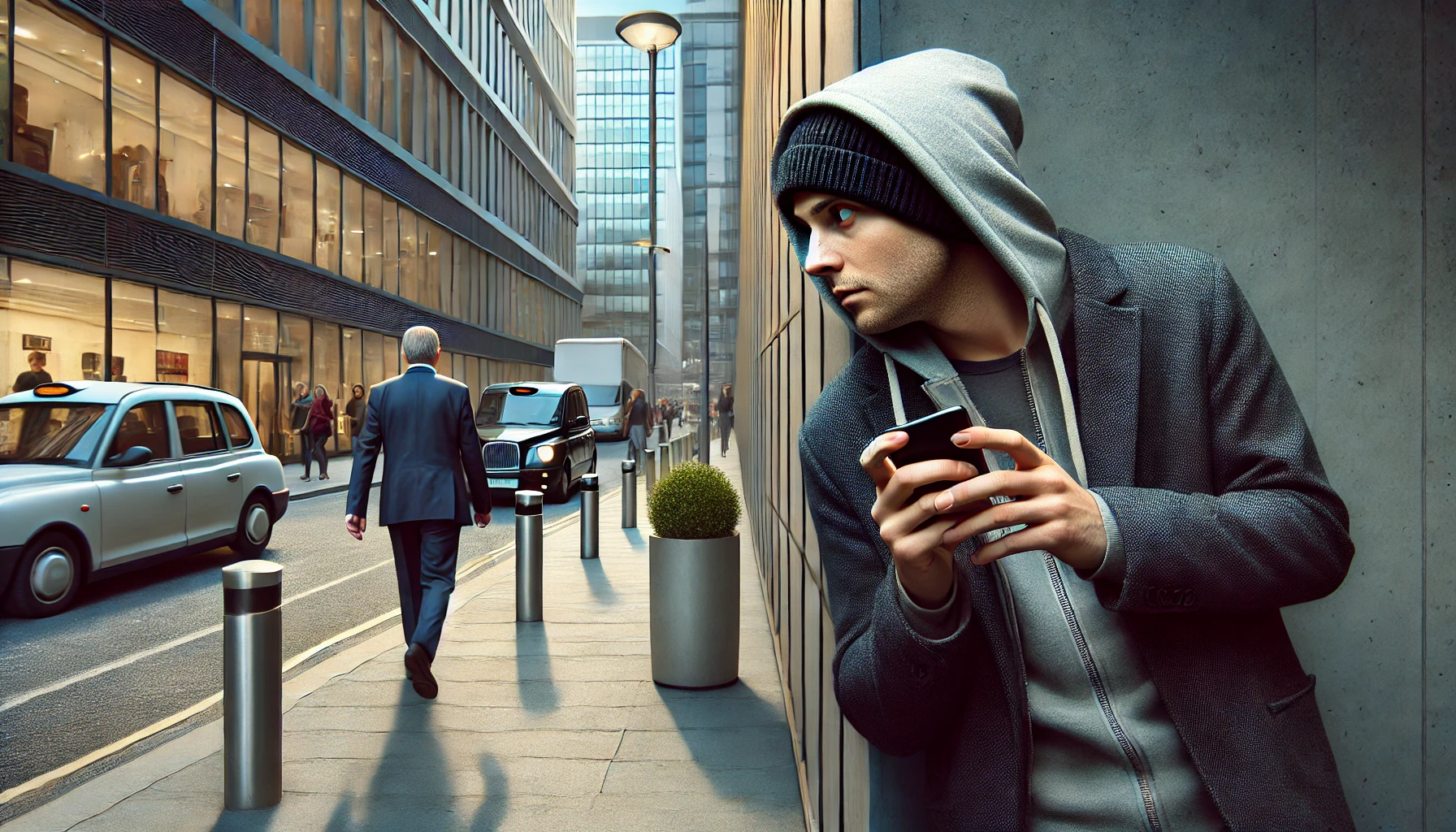 A man nervously hides behind a wall in a modern city, discreetly watching someone with an intense, stalker-like demeanor, while another person in the background seems to be capturing a moment on camera.