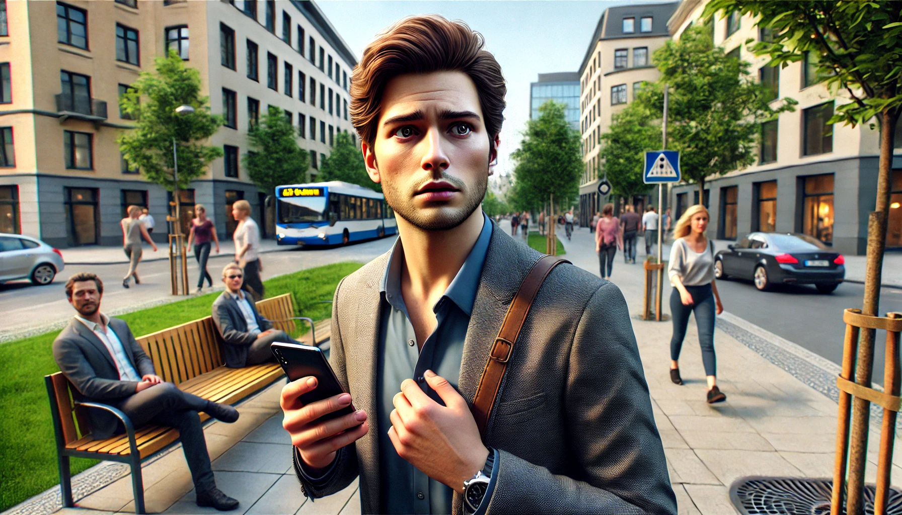 A stylish celebrity stands outdoors in a modern urban setting, nervously clutching their phone while looking around with concern.