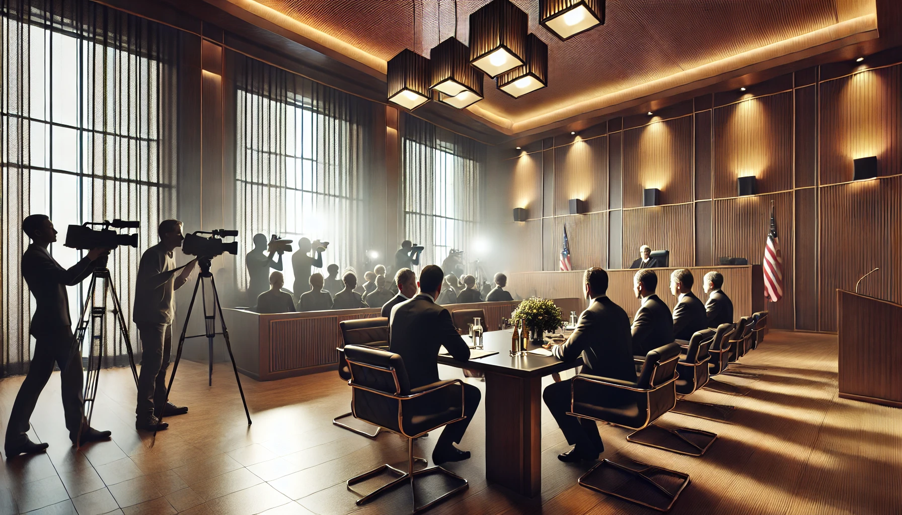 a tense courtroom scene with elegant surroundings. The courtroom features large windows with reporters and photographers visible outside, capturing the atmosphere.