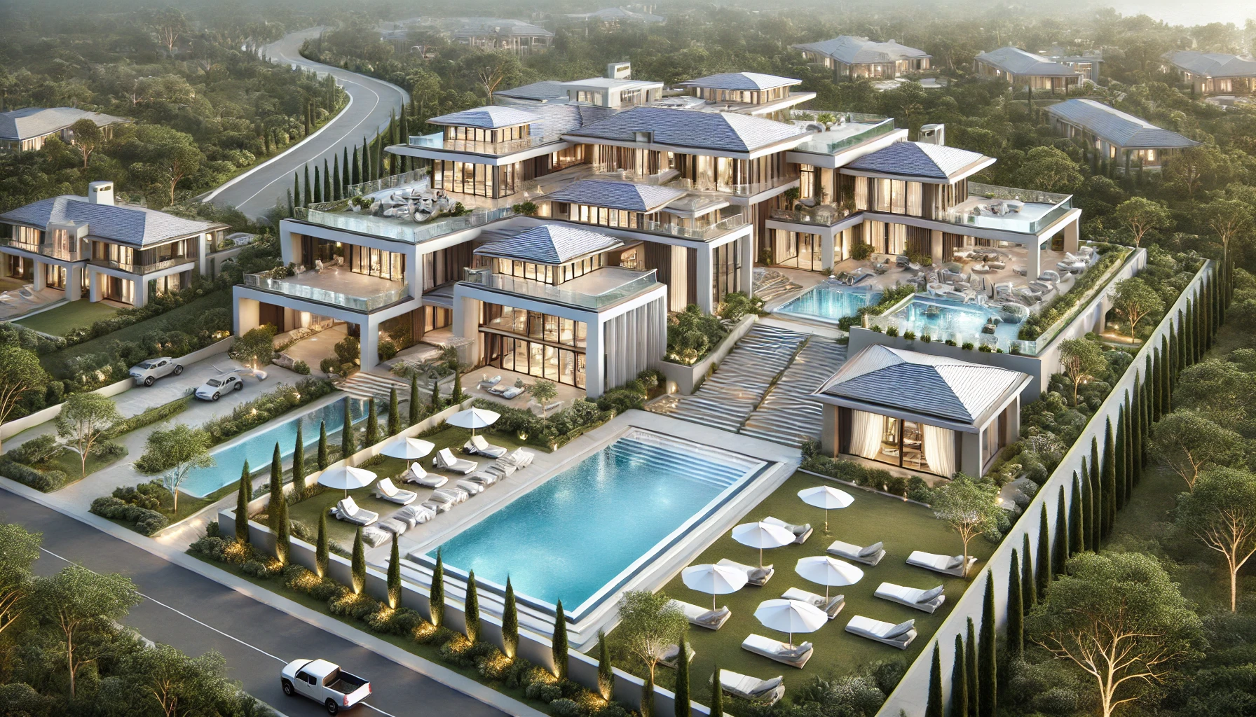 A luxury mansion with sprawling grounds. The estate features multiple stories, a modern architectural design, a large swimming pool, and expansive outdoor living spaces perfect for parties and events.