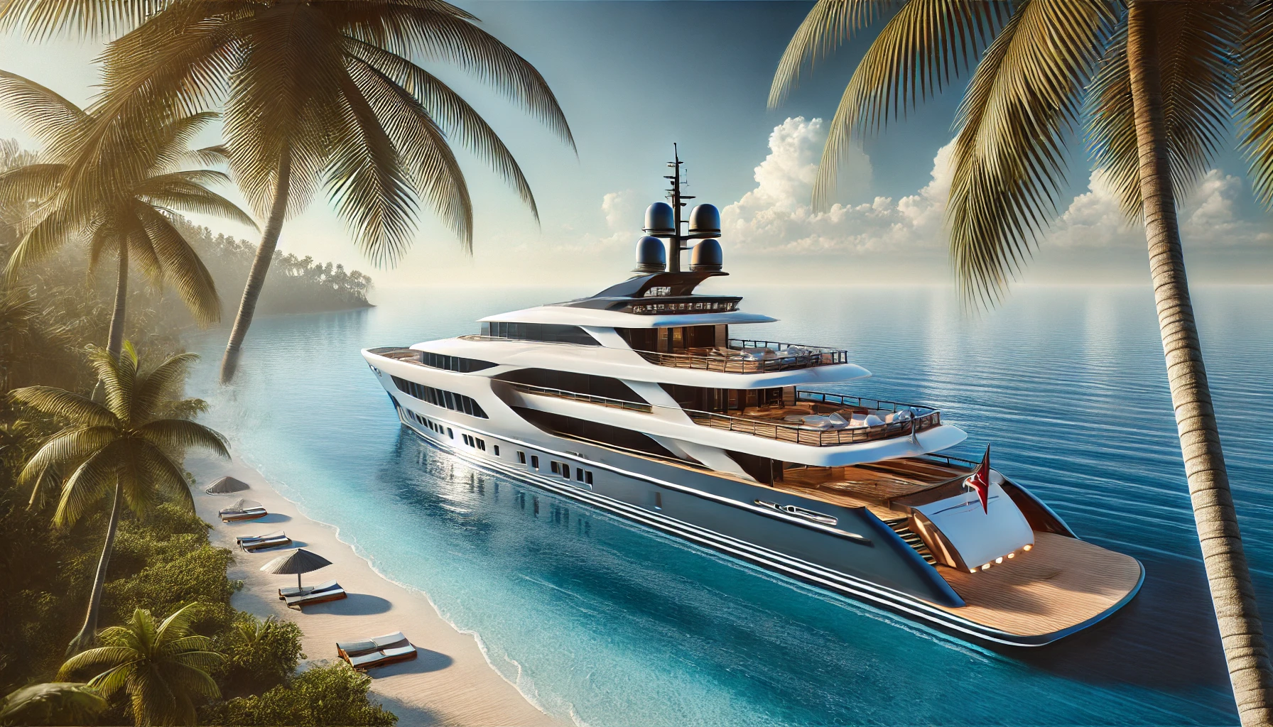 A luxury yacht cruising in a tropical destination. The yacht is large and modern, with sleek design lines, expansive decks, and multiple levels.