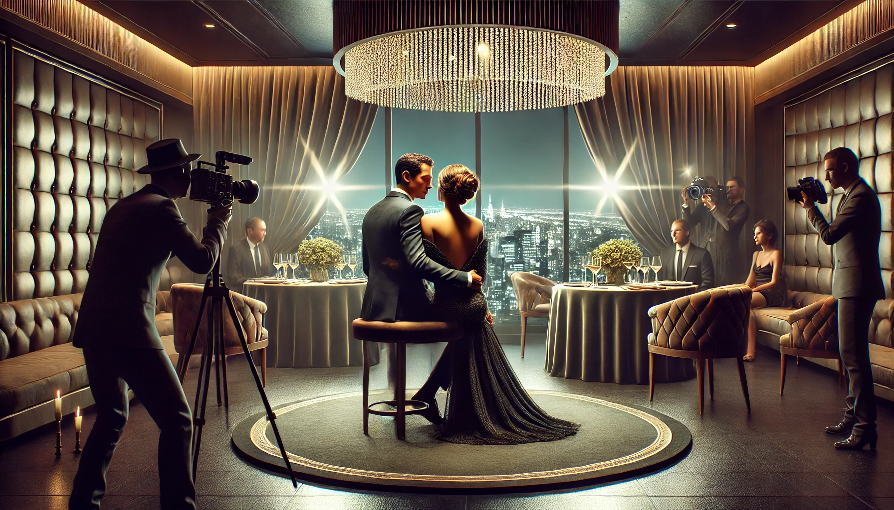 Glamorous, intimate setting where two celebrities are seen sharing a quiet moment, representing a new romance.