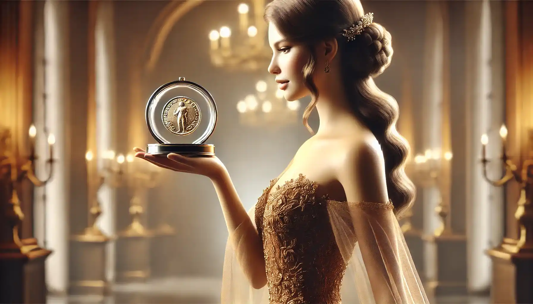 An elegant woman in a luxurious evening gown, gracefully holds out her hand, displaying an ancient coin encased in a protective capsule.