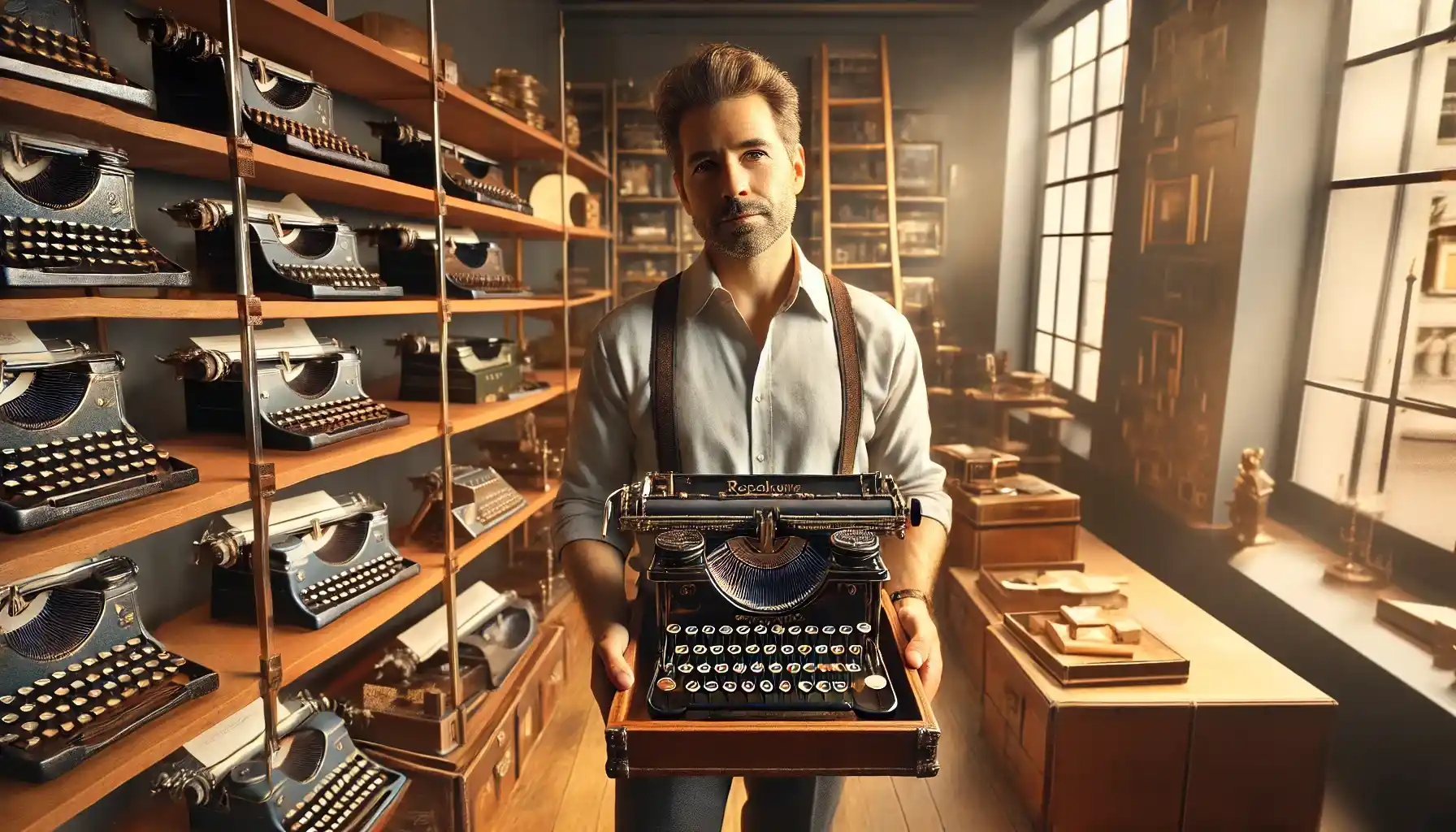A proud collector is showing his extensive collection of vintage typewriters.