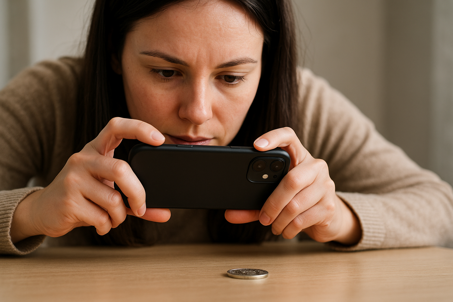 A woman photographs a shiny coin on a table with her smartphone to examine its details closely.