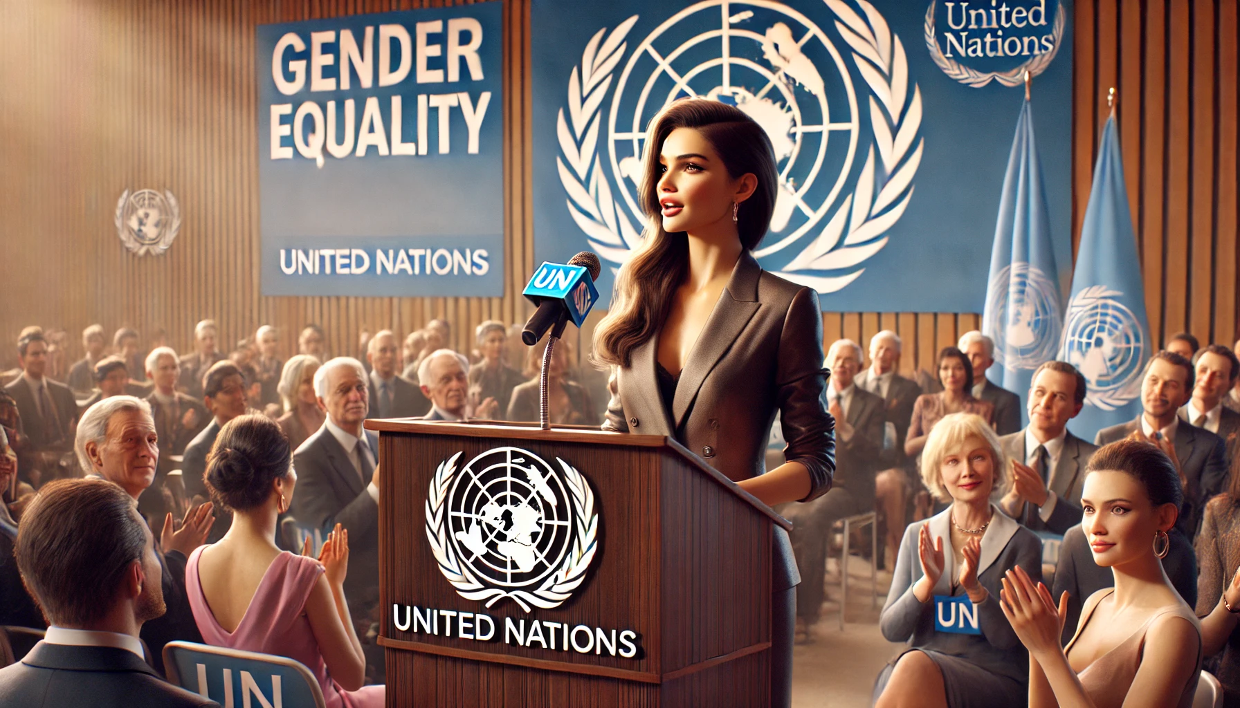 a celebrity involved in philanthropy, speaking at a United Nations event advocating for gender equality