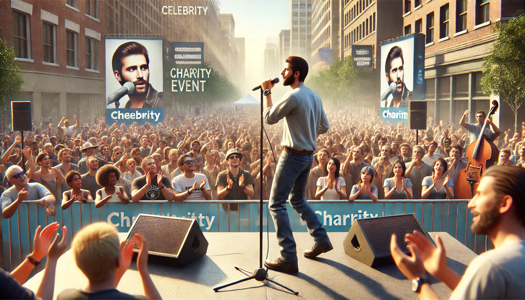 a celebrity participating in a charity event, performing at an outdoor concert to raise awareness and funds for a cause