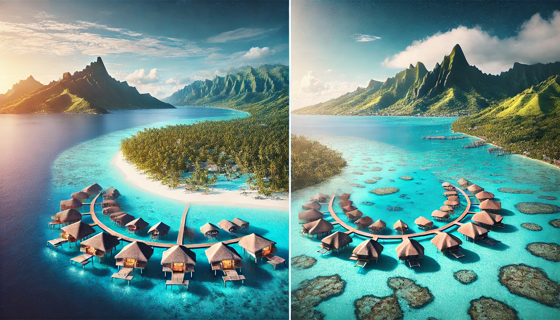 Overwater bungalows, crystal-clear turquoise water, and a pristine white sand beaches of the Maldives and Bora Bora
