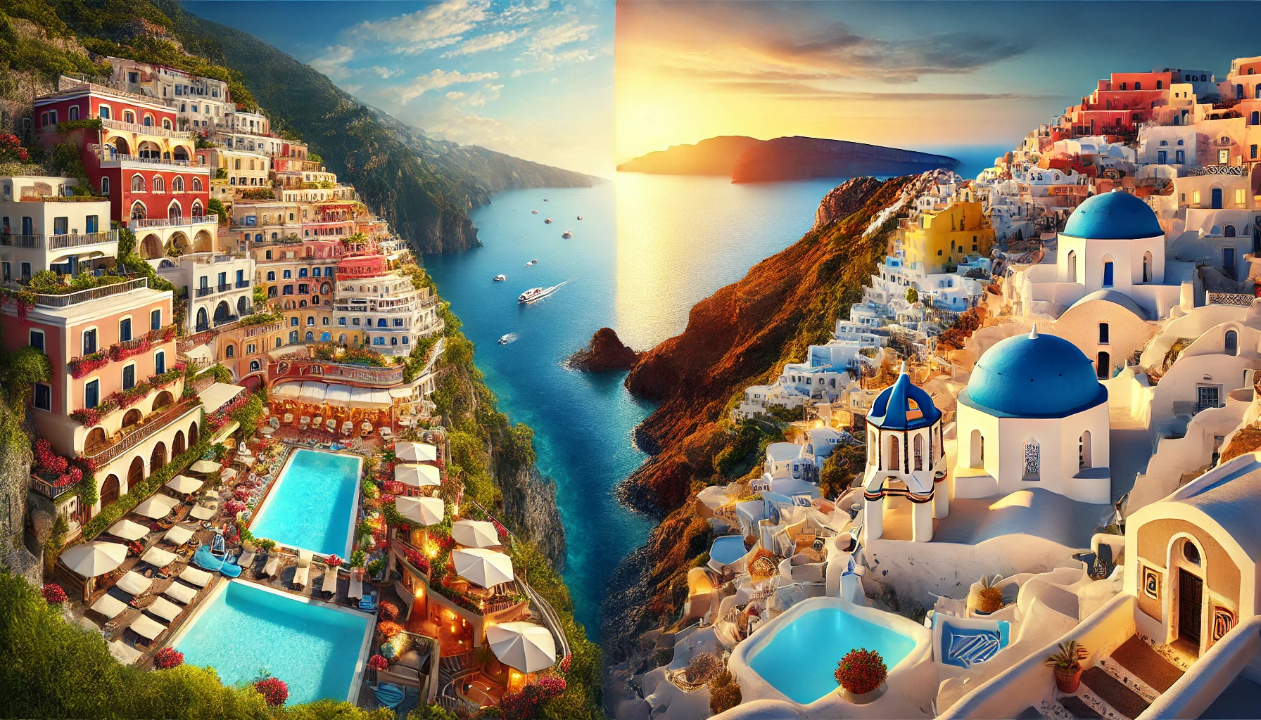 A stunning panoramic view of two luxurious celebrity vacation destinations with colorful cliffside buildings, lush landscapes, and clear blue water.
